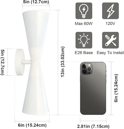 Modern Indoor Wall Sconces Set of 2 Up and Down White Wall Sconces Mid Century Indoor Wall Light Fixture Hardwired Wall Mounted Lamp for Living Room Bathroom Bedroom Hallway 13 Inch