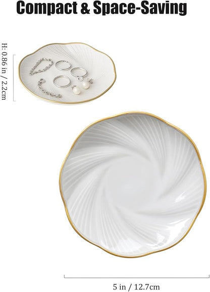Ceramic Jewelry Tray with Gold Edge, 5 Inch Modern Trinket Dish for Rings, Bracelets & Earrings, Elegant Dresser Organizer (White)