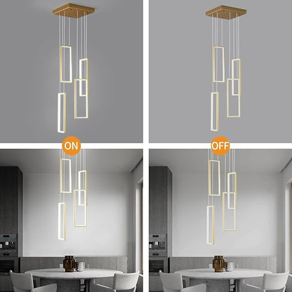 Modern Kitchen Island Dimmable Pendant Light Fixture Gold 54W LED Pendant Lights 4 Rings Rectangular Chandelier Staircase Large Chandelier Lobby Living Room Foyer High Ceiling Chandeliers