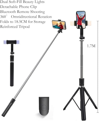 Selfie Stick,Phone Tripod Stand for Video Recording,Cell Phone Stand Content Creator Phone Holder with Remote for Travel (Dual lamp Selfie Stick with Remote, 67 inch)