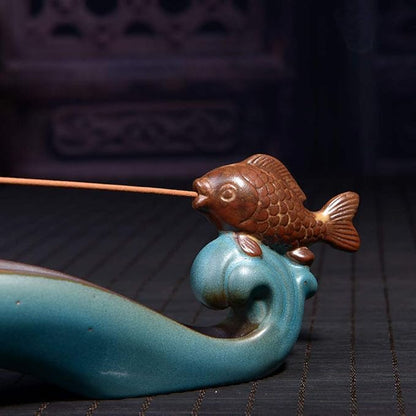 NAGU Cute Incense Holder Fish, Ceramic Incense Stick Holder Double Incense Burner, Funny Long Incense Ash Tray for Home Decoration, Yoga. Meditation, Tea