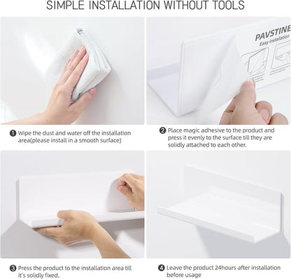 PAVSTINE Acrylic Wall Floating Shelves Set of 2, Wall Shelves White 12 Inch Adhesive Wall Organizer Adhesive Shelf for Bathroom, Kitchen, Bedroom, Office, Gaming Room, No Damage, No Drill