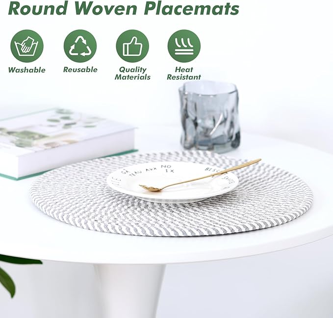 Round Woven Placemats Set of 8 Heat Resistant Placemats 13.5 Inches Farmhouse Cotton Rope Place Mats for Dining Tables Trivets for Hot Dishes, Grey Set