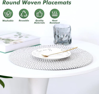 Round Woven Placemats Set of 8 Heat Resistant Placemats 13.5 Inches Farmhouse Cotton Rope Place Mats for Dining Tables Trivets for Hot Dishes, Grey Set