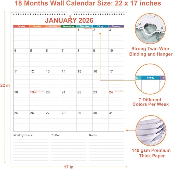 Large Calendar 2026 with Spiral Bound - 18 Month Big Calendar from January 2026 to June 2027, Vertical Large Monthly Calendario 2026-2027 for Wall, 22" x 17", Colorful