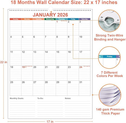 Large Calendar 2026 with Spiral Bound - 18 Month Big Calendar from January 2026 to June 2027, Vertical Large Monthly Calendario 2026-2027 for Wall, 22" x 17", Colorful