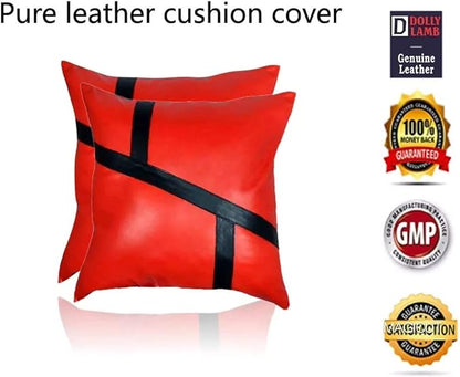 D DOLLY LAMB Lambskin Leather Pillow Cover - Sofa Cushion Case - Decorative Throw Covers for Living Room & Bedroom, 14x14 Inches - 03 Red Pack of 2