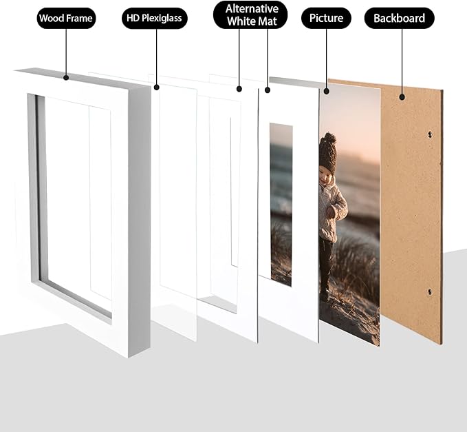 KINLINK A4 Picture Frame, White Solid Wood Frames with Acrylic Plexiglass for Pictures A5 with Mat or A4 without Mat, Tabletop and Wall Display Photo Frame 4 Pack