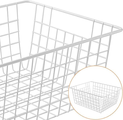 3 Pack Freezer White Wire Baskets for Organizing Office Wire Storage Basket with Built-in Handles, 14" Large White Metal Baskets for Pantry Freezer Kitchen Cabinets