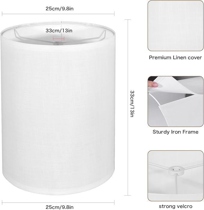 Tall Lamp Shade, White Drum Lampshade for Table Lamps Floor Lamp, 10" Top X 10" Bottom X 13" High Large Line Fabric Lamp Shade, Easy Assembly Replacement Lampshades