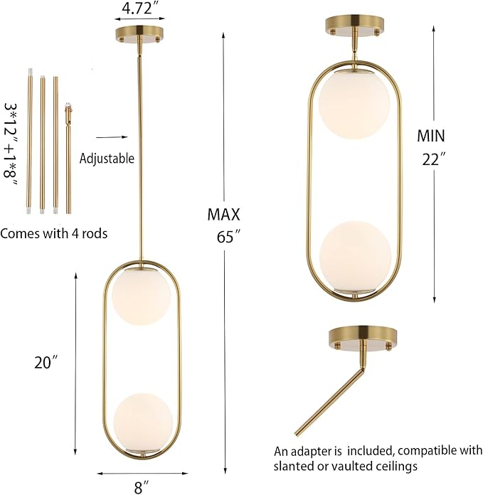 Modern Gold Globe Chandelier 2-Lights Mid Century Pendant Light Brushed Brass Ceiling Hanging Lighting Fixture with White Globe Glass Lampshade for Kitchen Island Dining Room Bedroom