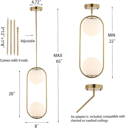 Modern Gold Globe Chandelier 2-Lights Mid Century Pendant Light Brushed Brass Ceiling Hanging Lighting Fixture with White Globe Glass Lampshade for Kitchen Island Dining Room Bedroom