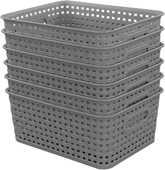 Morcte 6-Pack Gray Plastic Storage Basket, Plastic Woven Bin