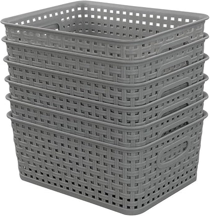 Morcte 6-Pack Gray Plastic Storage Basket, Plastic Woven Bin
