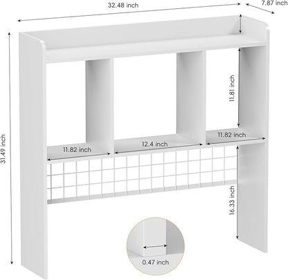 Desktop Bookshelf,Countertop Storage Hutch with 3 Shelves for Computer Desk，2-Tier Display Rack with Grid Panel, Multipurpose Wood Desk Hutch Storage Organizer for Home Office Dorm (White)