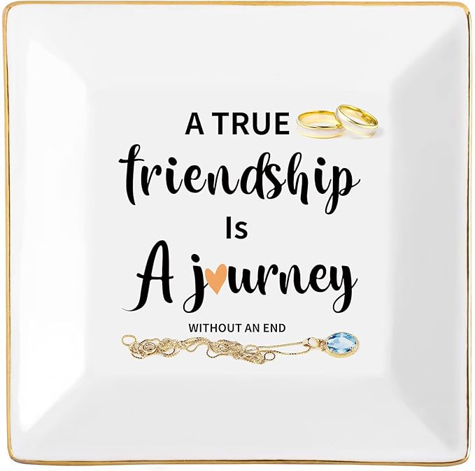 Friendship Gift Best Friend Birthday Gifts for Women Friends Trinket Dish Ceramic Jewelry Tray Decorative Rings Unique Forever,A True Friendship is a Journey Without an end