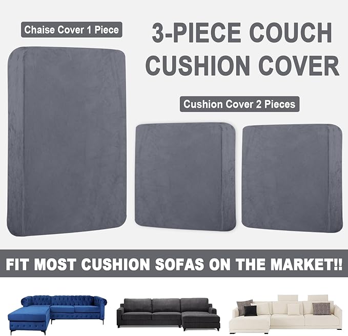 Sectional Couch Covers for 3-Piece Seat Cushion Velvet Separate L Shape Couch Cover Stretch Sofa Slipcover with 2 Pieces Pillowcases Furniture Protector (Sofa 2 Seater + 1 Chaise, Dark Grey)
