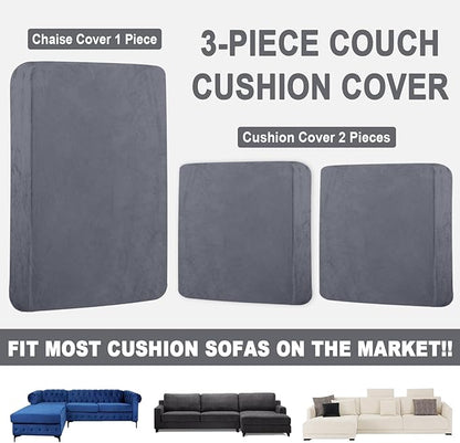 Sectional Couch Covers for 3-Piece Seat Cushion Velvet Separate L Shape Couch Cover Stretch Sofa Slipcover with 2 Pieces Pillowcases Furniture Protector (Sofa 2 Seater + 1 Chaise, Dark Grey)