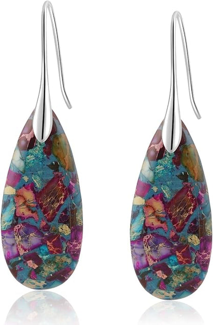 Natural Healing Stone Fishhoop Dangle Drop Earrings Statement Gold silver earrings