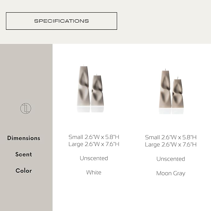LAWA Twisted Pyramid Candle - Beautiful Handmade Pillar Soy Wax Elegant Aesthetic Candle Housewarming Gift Home Room Shelf Decor Idea (Set of 2) (Moon Gray)