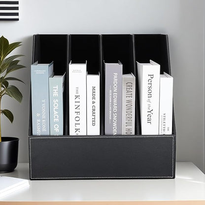KINGFOM 4-Slot Wood Leather Document Files Holder Rack Stand Desk Files Organizer Papers Collection Cabinet (4 slot Black)