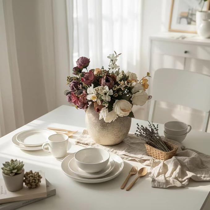 Retro-Style vase, Artificial Faux Flower Bouquet for Home Decor Indoor Fake Bouquet Faux Floral Arrangements Dining Table Centerpieces for Kitchen(Rust-Colored)