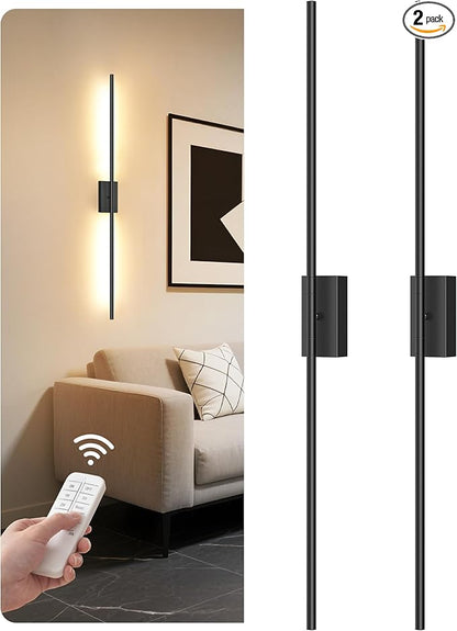 39.4" Wireless Wall Sconces Battery Operated Set of 2, Rechargeable Lamps with Remote, 360° Rotation, 10000mAh, Touch Dimmable Lights for Bedroom, Living Room, Hallway, Black B07YBP205