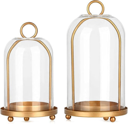 Vintage Brass Metal Candle Lantern with Thick Glass Dome – Set of 2 Shabby Chic Style Candle Holders (5.25"x10" & 4.5"x7.87") – Hanging or Tabletop Decor for Pillar Candles, Plants