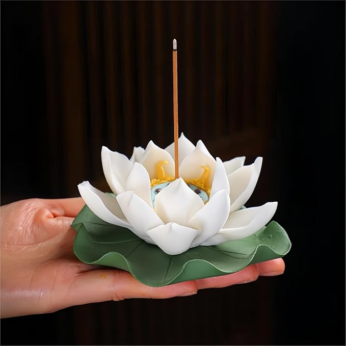 Lotus Incense Holder - White Ceramic Bloom with Leaf Tray, Aromatherapy Decor, Meditation Gift Set, Zen Home Office Desk Altar Decor (Handmade, Ash Catcher, Unique Holiday Present)