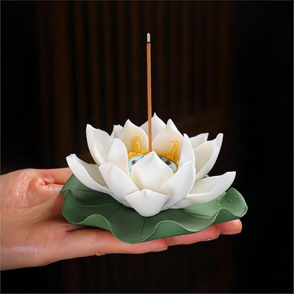 Lotus Incense Holder - White Ceramic Bloom with Leaf Tray, Aromatherapy Decor, Meditation Gift Set, Zen Home Office Desk Altar Decor (Handmade, Ash Catcher, Unique Holiday Present)