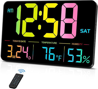 MASHI Digital Clock, 13" Large Display Digital Wall Clock, Adjustable Brightness Calendar Clock with Day and Date,DST,Alarms,Humidity,Temperature for Desk,Wall Mounted (Black Case Color Light)