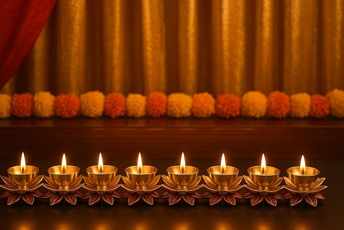 athizay Brass Diyas Pack of 2 for Pooja Virgin Brass Indian Diya Set Oil lamp Sets for Gifting Home Decor Lotus Vilakku (Kamaldeep Set)