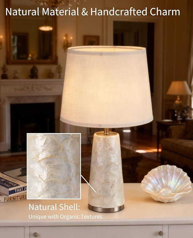 Coastal Table Lamps for Bedroom Nightstand Set of 2, Touch Control Ocean Beach Nautical Seashell Lamp, Modern Sea Shell Bedside Night Stands Light for Beachy Cottage Farmhouse Decor (Silver)