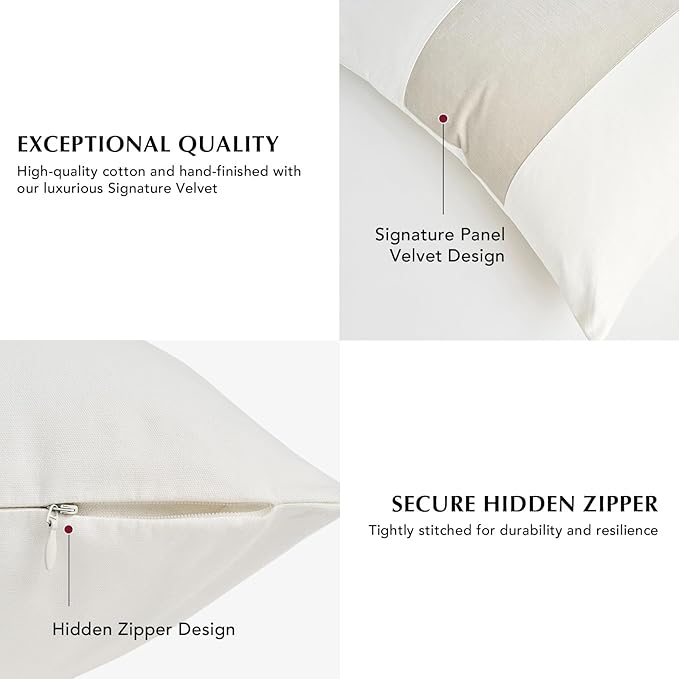 EVERGRACE x Kinsey Walsh Signature Velvet Panel Cotton Pillow Covers Set of 2, Decorative Pillow Covers 22"x22" for Couch, Square Cushion Cases for Sofa Bedroom Living Room, Off White Pearl