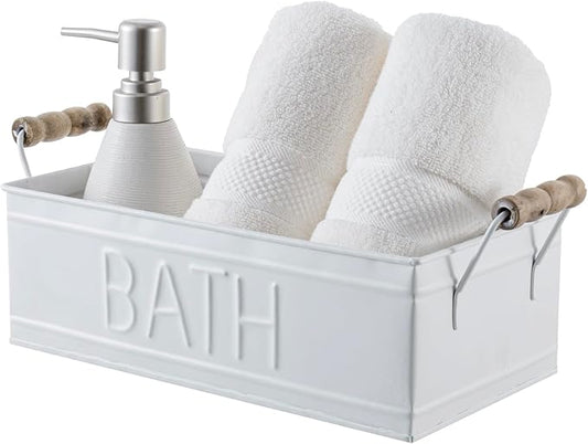 MyGift Vintage Bronze Metal Rectangular Storage Basket with Wooden Handles, Bathroom Toiletries Holder, Organizer Bin with Embossed Bath Label - Handcrafted in India (White)