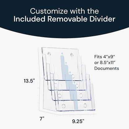 Acrylic Brochure Holder, 4 Tier Clear Literature - 8.5 x 11 inches, Pamphlet Holder, Wall Mount/Countertop Plastic Flyer Display Stand Organizer for Display Flyer, Booklet, Document
