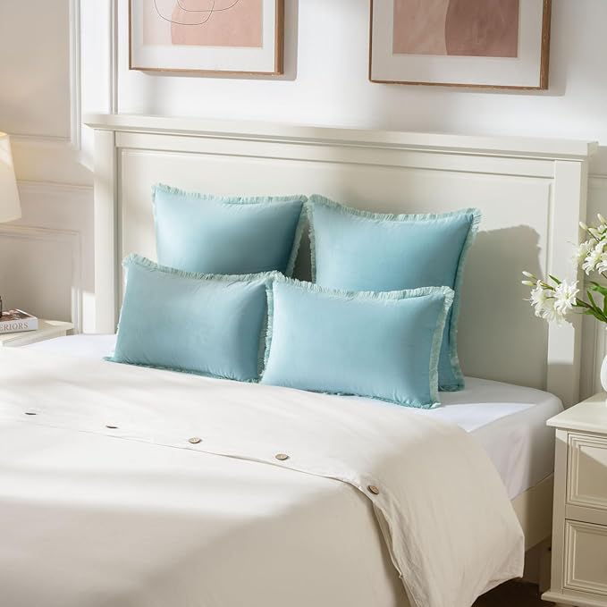 FUTEI Aqua Velvet Decorative Throw Pillow Covers 26x26 Set of 2,Soft Cozy Edge with Tassels Euro Pillow Shams,Boho Modern Home Decor for Couch Bed Living Room