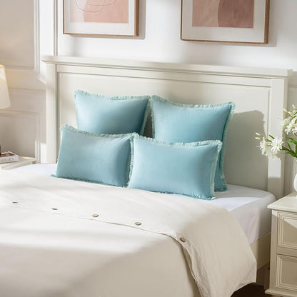 FUTEI Aqua Velvet Decorative Throw Pillow Covers 26x26 Set of 2,Soft Cozy Edge with Tassels Euro Pillow Shams,Boho Modern Home Decor for Couch Bed Living Room