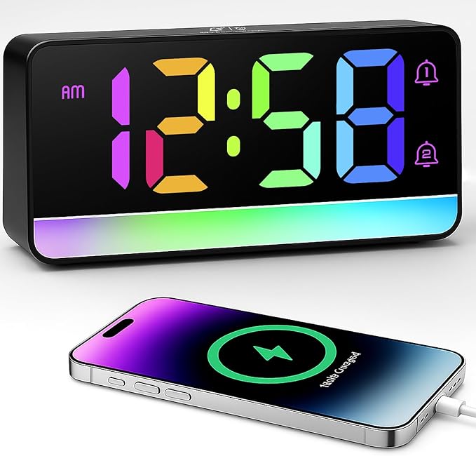 MASHI Loud Alarm Clock for Heavy Sleepers,Digital Clock with 12 Color NightLight,Adjustable Volume,Dynamic RGB Color, Snooze, DST Bedrooms Bedside,ok to Wake for Kids,Teens