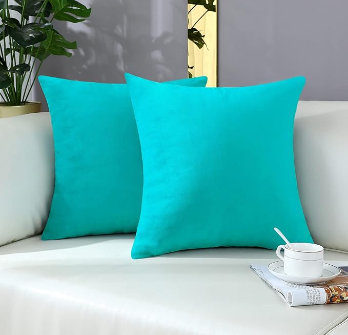mixeoo Comfy Turquoise Throw Pillow Covers Decorative Square Solid Thick Velvet Super Soft Cushion Cases Home Decor for Sofa Couch, Set of 2, 18 x 18 Inch
