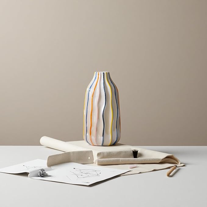 Handmade Beige Ceramic Vase with Colorful Stripes,Modern Boho Home Decor Centerpiece, Unique Holiday&Housewarming Present for Women (A)