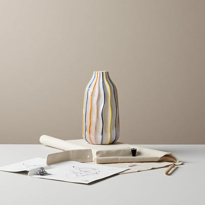 Handmade Beige Ceramic Vase with Colorful Stripes,Modern Boho Home Decor Centerpiece, Unique Holiday&Housewarming Present for Women (A)