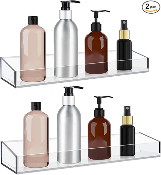 2 Pack Acrylic Bathroom Shelves, Clear Acrylic Shower Caddy Organizer, 15" Invisible Floating Shelves for Book/Figures/Photo/Makeup in Bathroom, Living Room, Bedroom, Kitchen