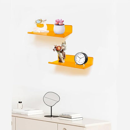ROYALITA Small Acrylic Shelves Wall Mounted | Set of 2 | 12 Inches | Wall Hanging Plant Display Shelves, Room Decor Floating Wall Shelves for Gaming Room Bedroom, Living Room, Office, Orange