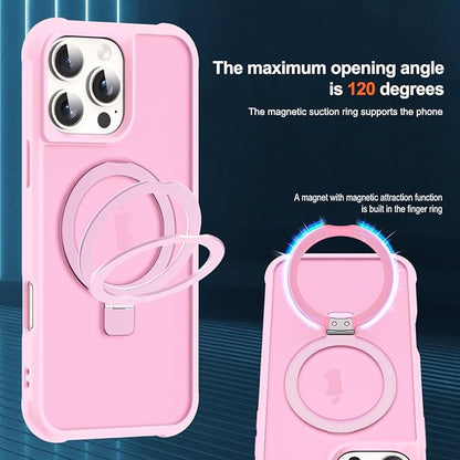 Compatible with iPhone 16 Pro Case with Invisible Magnetic O-Ring Stand Military-Grade Translucent Case for iPhone 16 Pro 6.3" [Compatible with Mag-Safe][Great Grip Feeling], Pink