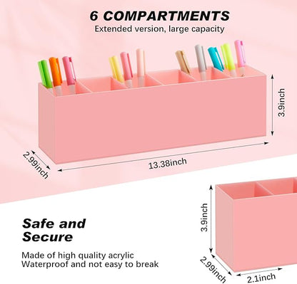 Jetec Acrylic Pen Holder 6 Compartments Makeup Brush Stationery Organizer Pencil Holder for Desk Accessories, Cosmetic Brushes, Dorm, Home, Bathroom, Kitchen, Office Supplies(Pink)