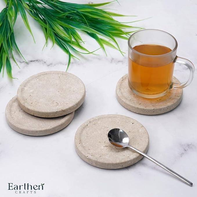 Travertine Marble Coasters Set of 4 for Drinks 4 Inches Round Drink Coaster for Kitchen Countertop, Modern Home Decor