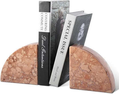 Marble Bookend for Shelves, Non-Skid Bookends for Heavy Books, Heavy Duty Book Stopper for CDs, Luxury Book Shelf Holder, Quarter Circle Design Book Ends Decorative, Perlino Rosato, Set of 2