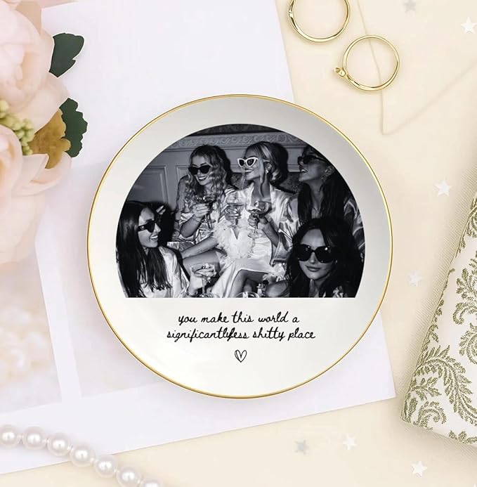 Chillever Personalized Besties Photo Ring Dish, Custom Jewelry Dish Gift for Besties, Soul Sister Trinket Gift for Long Distance Friendship Women BFF Christmas Birthday Wedding Gifts DS2