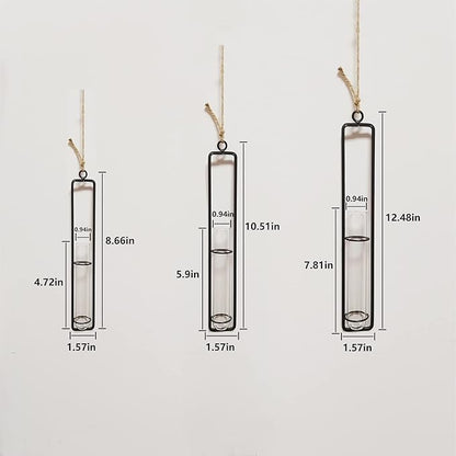 3 Pieces Hanging Glass Hydroponic Planter Transparent Test Tube Plant Vase Terrarium Container for Indoor Outdoor Modern Home Decoration (Black)